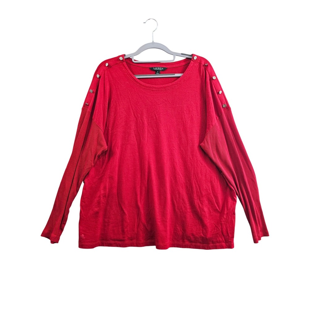 Lauren Ralph Lauren Top Women 2X Red Solid‎ Button Shoulder Ribbed Long Sleeve
